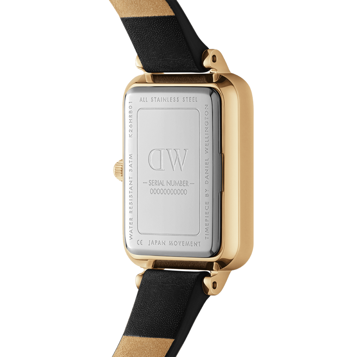 Caseback of the Quadro Pressed Sheffield Black Gold women’s watch, showing stainless steel backplate with engraved details and black leather strap.