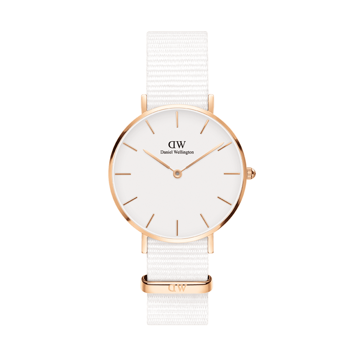 Daniel Wellington Petite Dover Rose Gold watch featuring a slim rose gold case, minimalist white dial, and an adjustable white NATO strap.