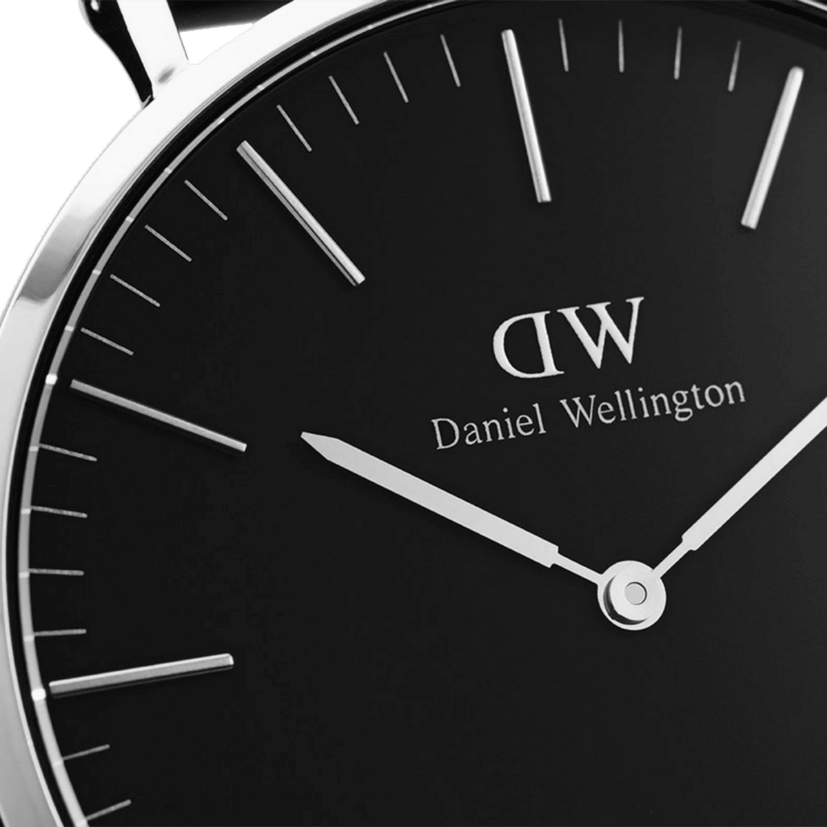 Close-up of the Classic Sheffield Black Silver watch face, showing the sleek black dial, polished silver hour markers, and minimalist hands.