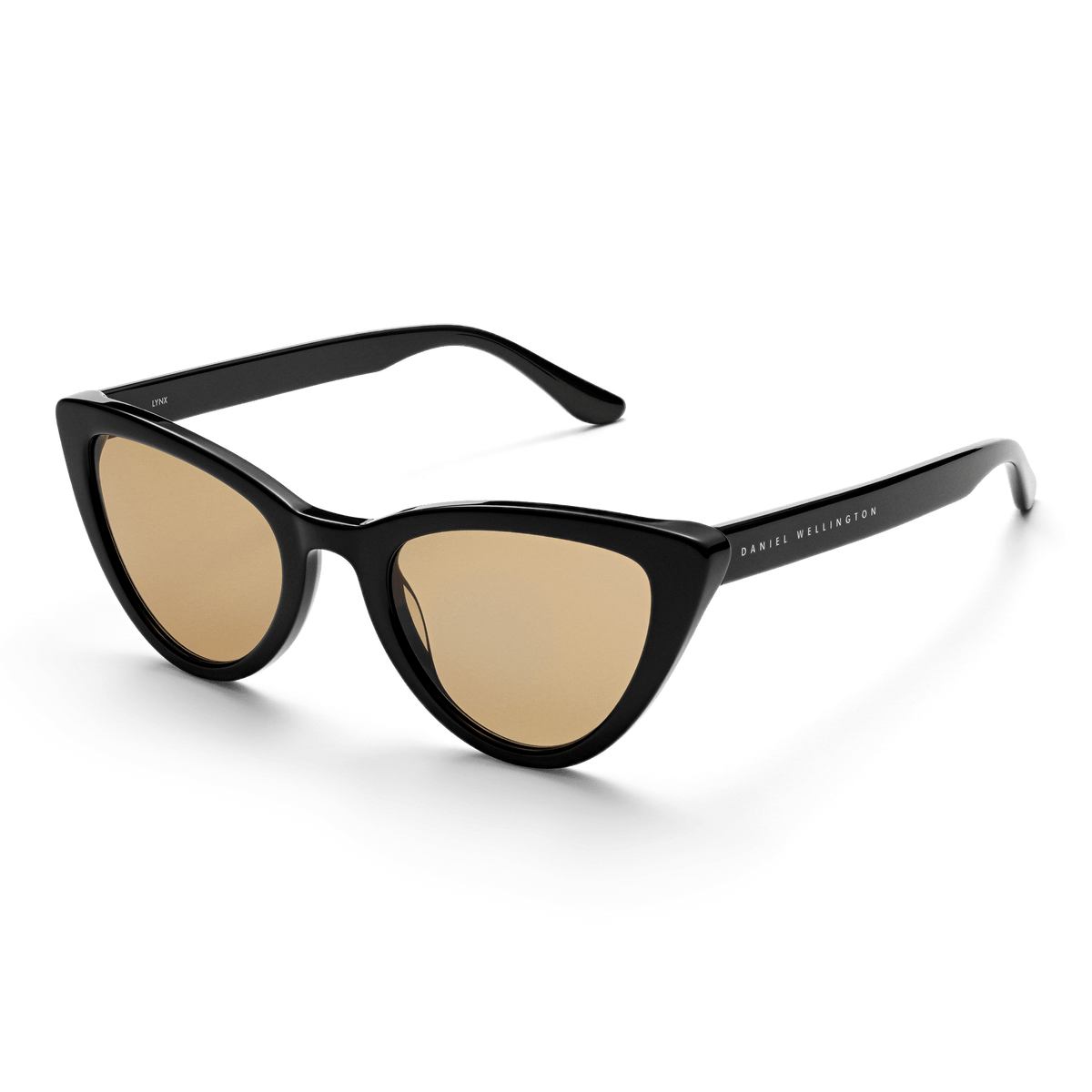 Lynx Bio-Acetate Black / Yellow sunglasses featuring a classic cat eye shape, glossy black frames, yellow nylon lenses, and subtle Daniel Wellington branding on the arms.