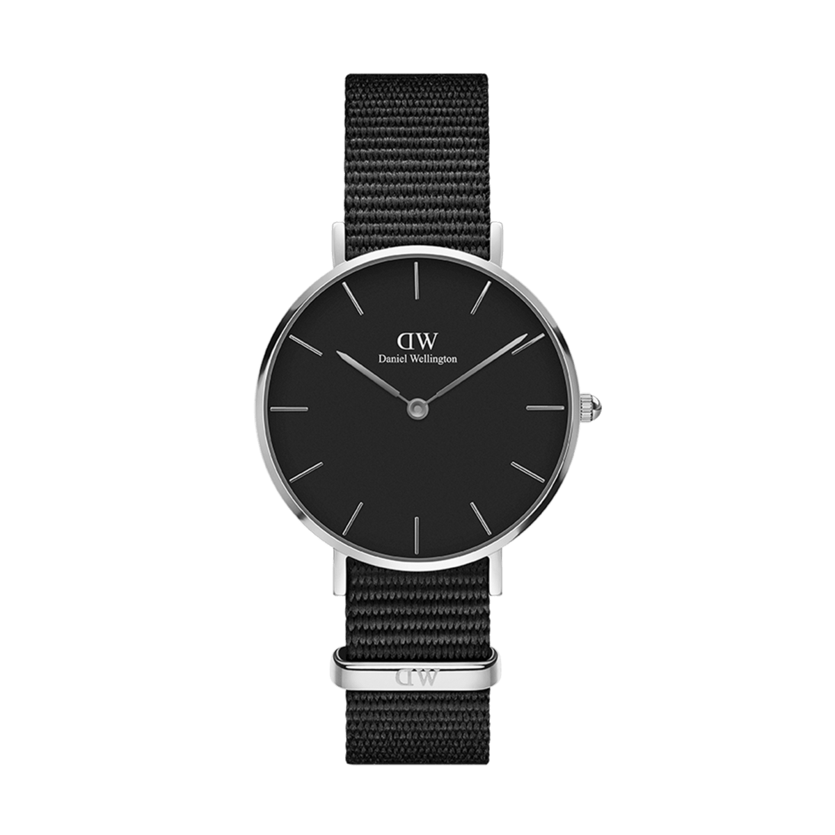Daniel Wellington Petite Cornwall Black Silver women’s watch with a slim black dial, polished silver stainless steel case, and an adjustable black NATO fabric strap.