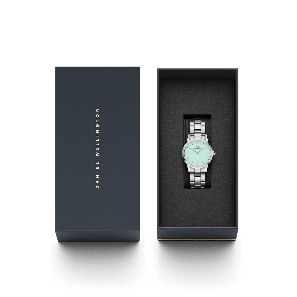 Daniel Wellington Iconic Link Mint Silver watch with mint green dial in gift box, perfect for special occasions.