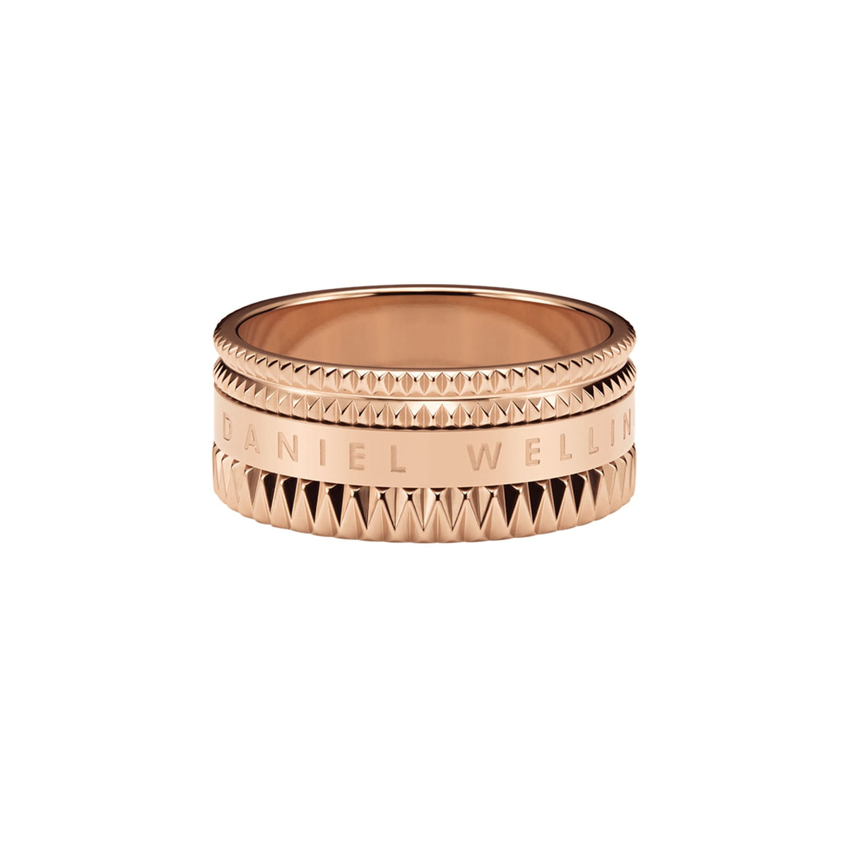 Rose gold Elevation Ring with a wide band, geometric textured edges, and engraved Daniel Wellington branding.