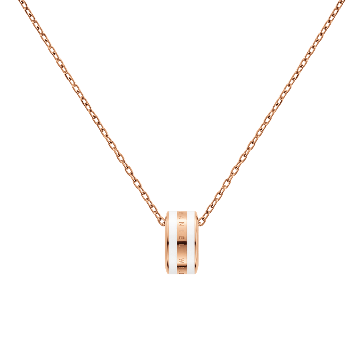Rose gold necklace featuring a fine chain and a minimalist satin white enamel ring pendant with subtle engraved detailing.