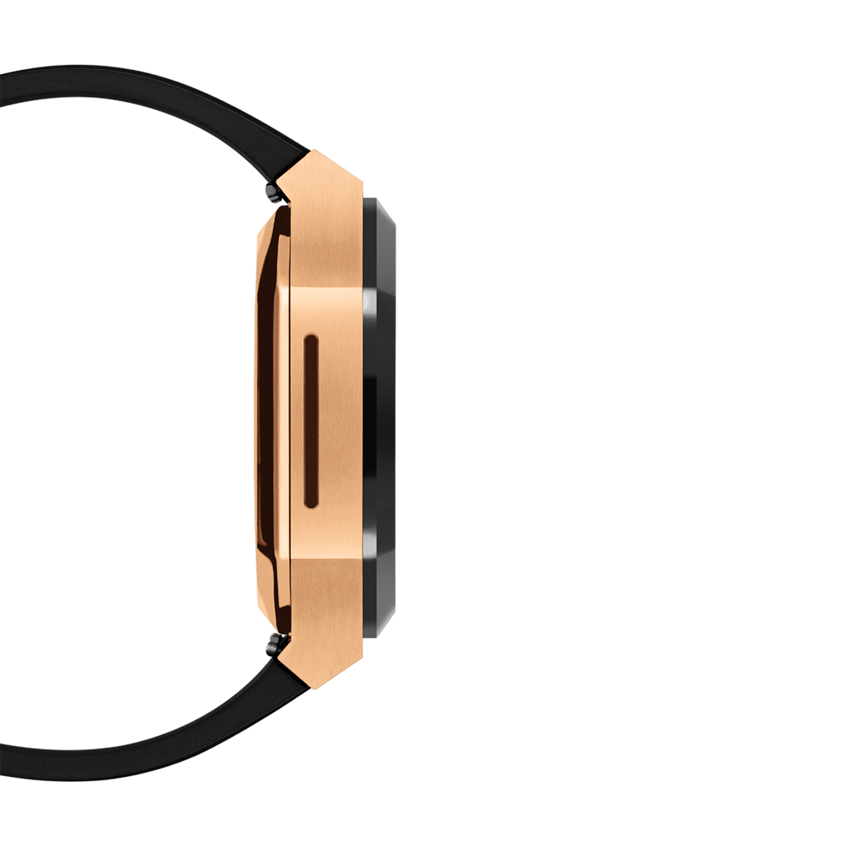 Side profile of the Switch Rose Gold Apple Watch case showing the brushed rose gold stainless steel frame, black bezel, and slim ergonomic design with a black rubber strap.