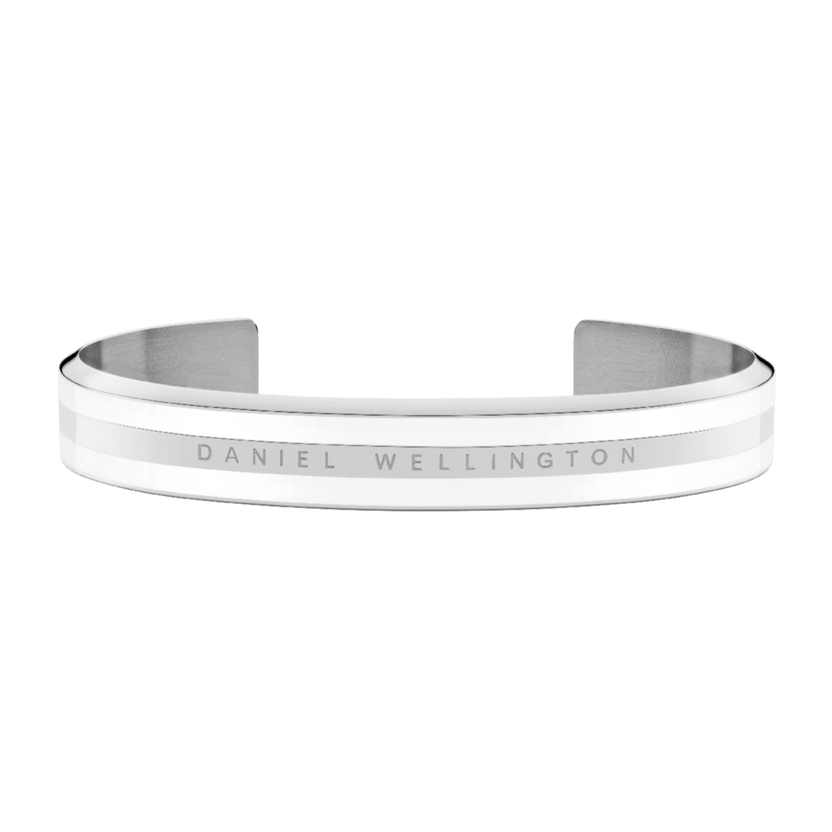 Daniel Wellington Emalie Bracelet featuring polished silver-tone stainless steel, satin white enamel, and an engraved logo in a minimalist open cuff design.