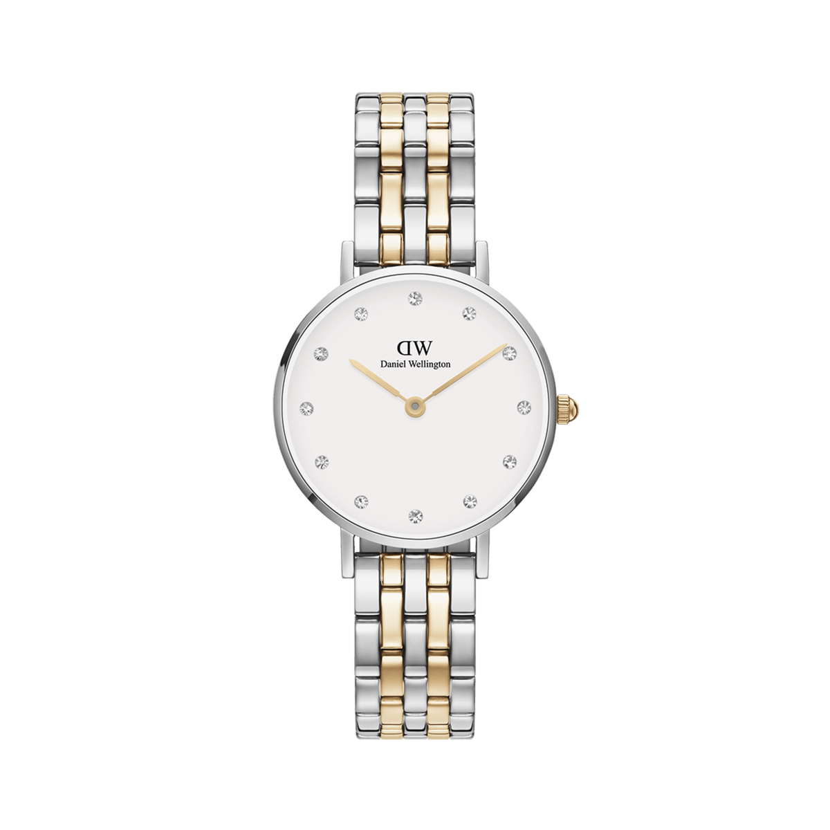 Petite Lumine 5-link two-tone women’s watch featuring a silver and gold stainless steel bracelet, an eggshell white dial with twelve crystal hour markers, and gold-tone hands.