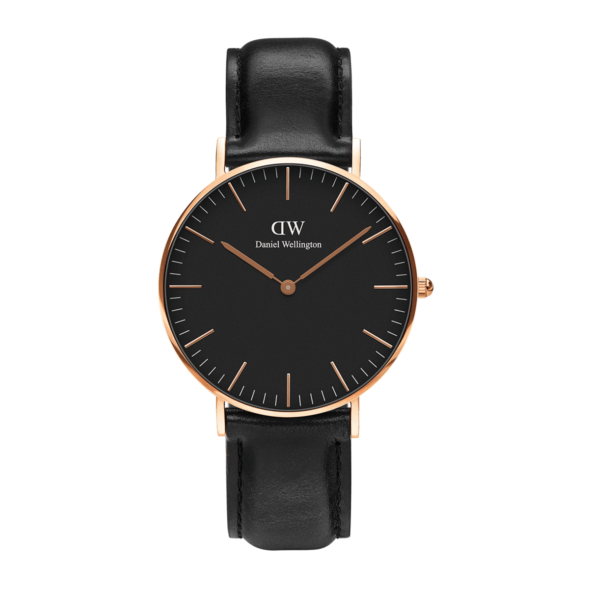 Minimalist Daniel Wellington Classic Sheffield Black Rose Gold watch with a black dial, slim rose gold markers, and a genuine black leather strap.