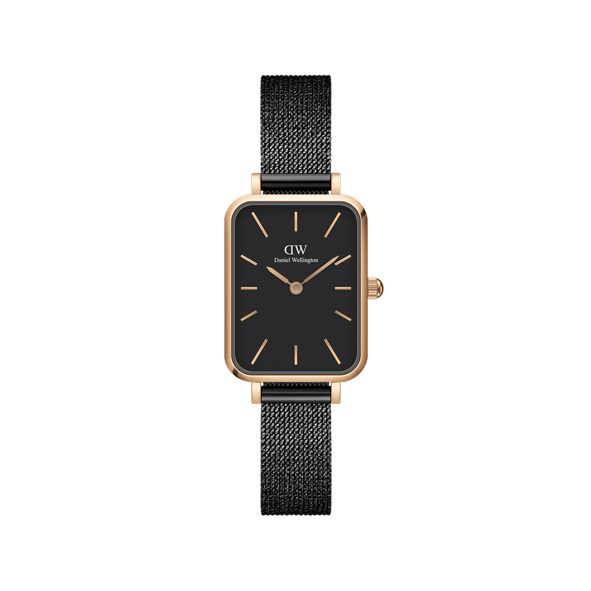 Rectangular women’s watch with a black dial, rose gold case, and black pressed mesh stainless steel strap, featuring minimalist rose gold hour markers and a sleek, modern design.