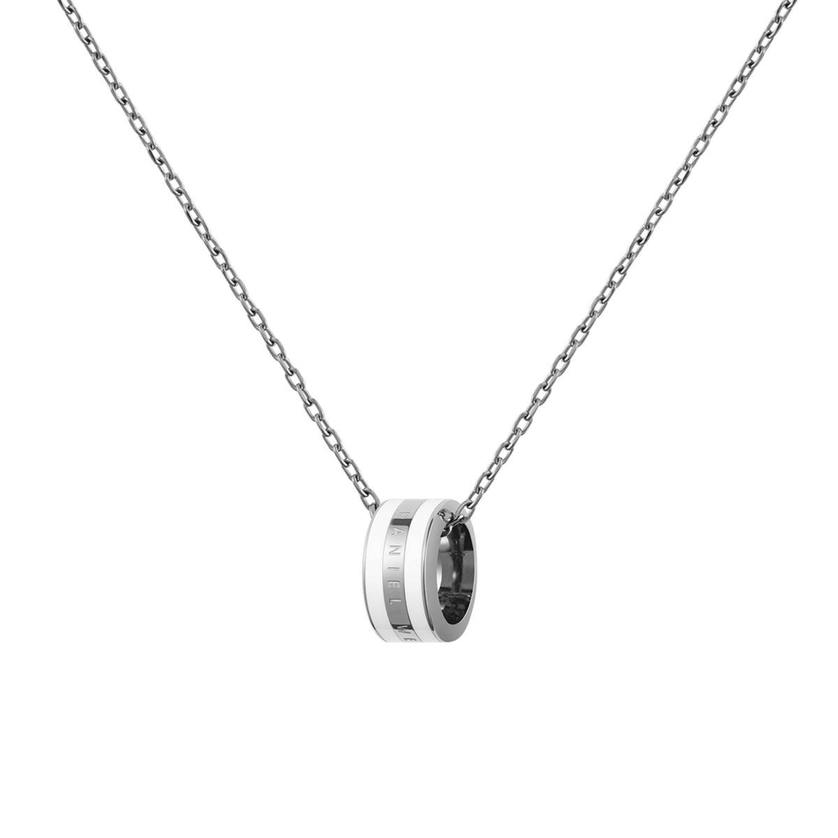 Silver necklace featuring a polished chain and a minimalist ring pendant with satin white enamel and subtle engraved branding.