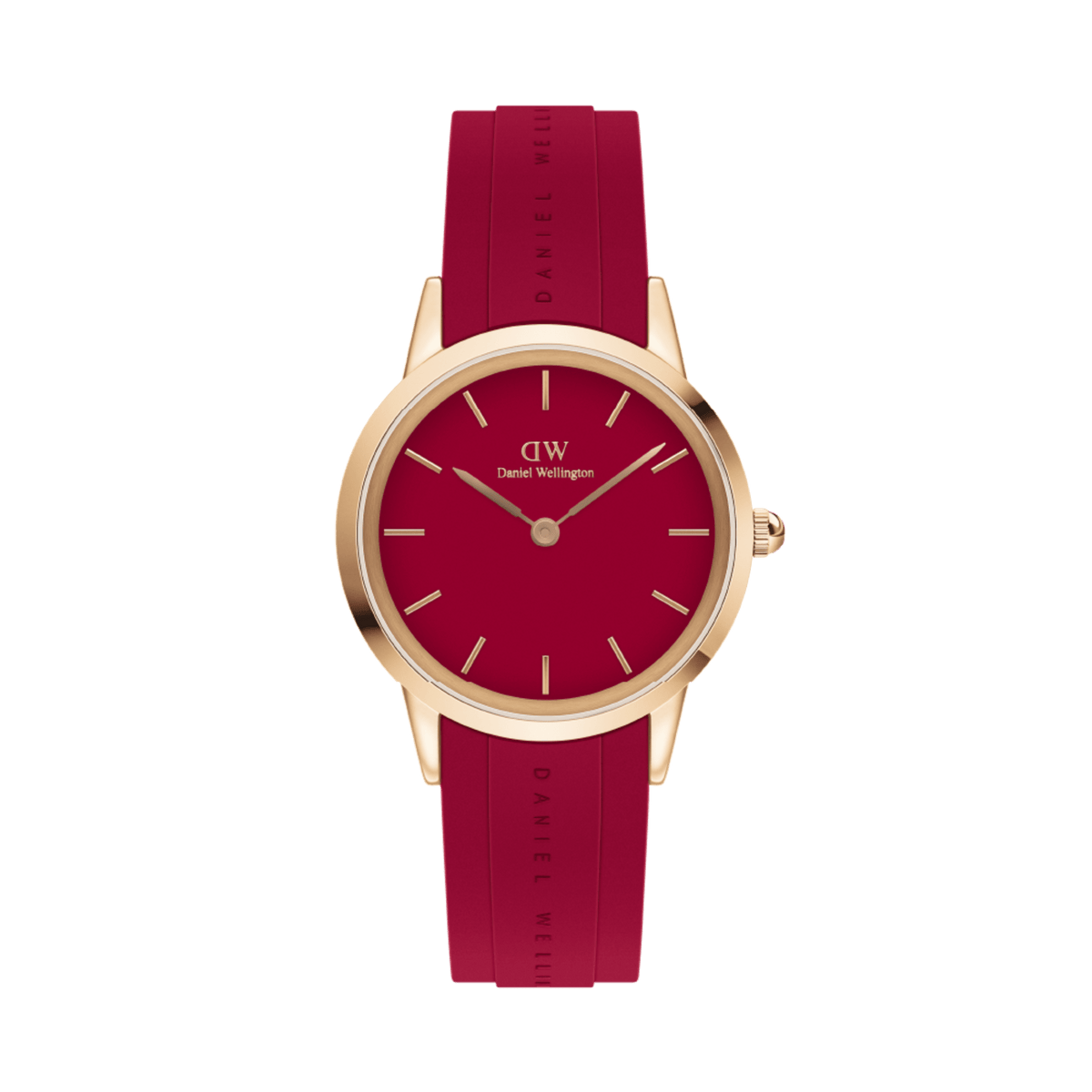 Daniel Wellington Iconic Motion Ruby watch with a 40mm rose gold case, minimalist red dial, and a ruby red FKM rubber strap.
