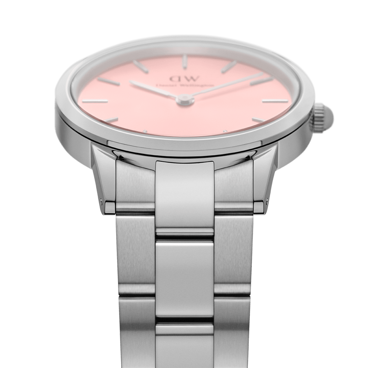 Detail view of the Iconic Link Blush watch highlighting the brushed stainless steel link bracelet and pastel pink minimalist dial.