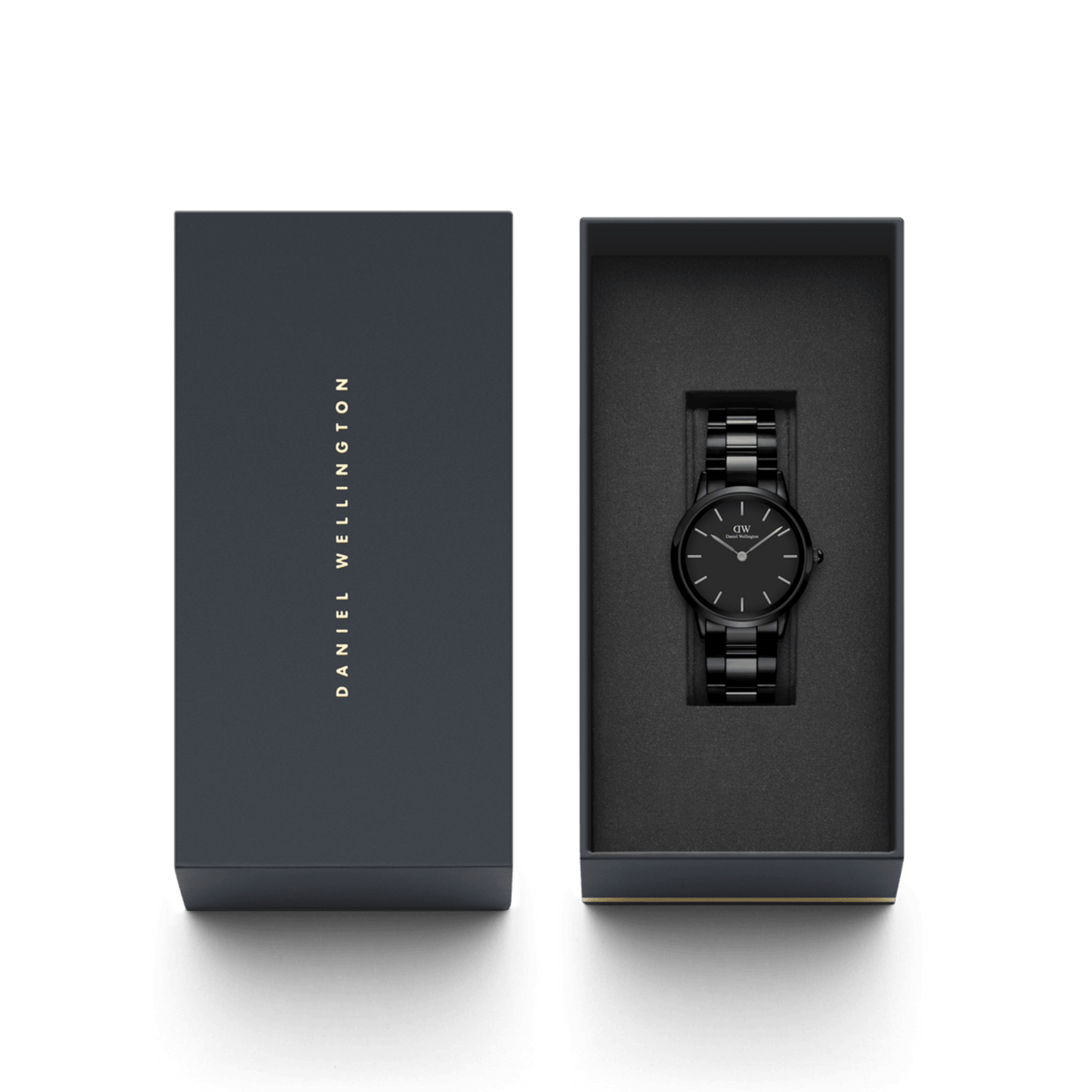 Daniel Wellington Iconic Link Ceramic watch with a black ceramic bracelet, presented in an elegant branded gift box.