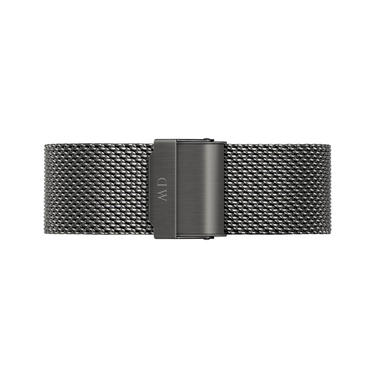 Graphite mesh watch strap with a brushed stainless steel clasp engraved with the Daniel Wellington logo.
