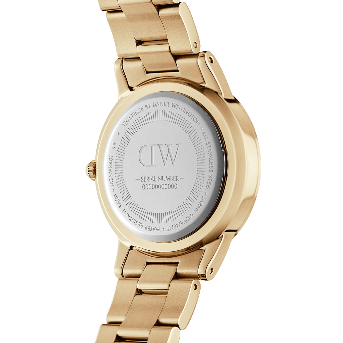 Back view of Daniel Wellington Iconic Link Unitone G gold women’s watch showing engraved stainless steel case and bracelet.