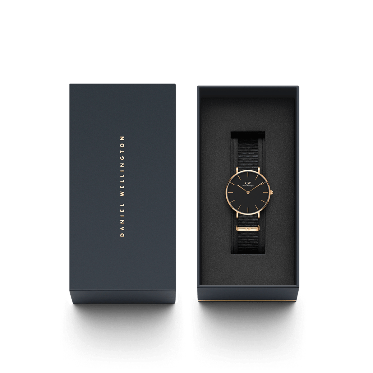 Daniel Wellington Petite Cornwall Rose Gold watch with black NATO strap, presented in an elegant gift box, perfect for her.