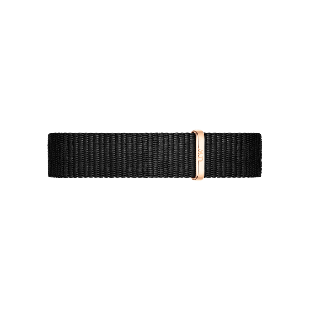 Black woven NATO watch strap with rose gold Daniel Wellington clasp, designed for the Petite Cornwall Rose Gold women’s watch.