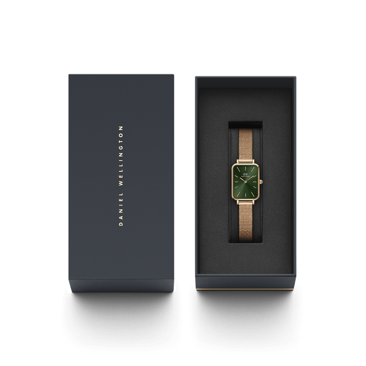 Daniel Wellington Quadro Pressed Melrose Emerald watch with green dial and rose gold mesh strap in gift box packaging.