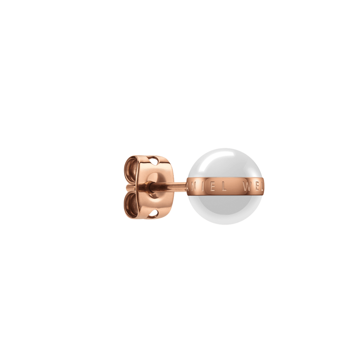 Single Aspiration Earring in rose gold and satin white, showcasing a round white ceramic stud with a rose gold plated engraved band and a butterfly back fastening.