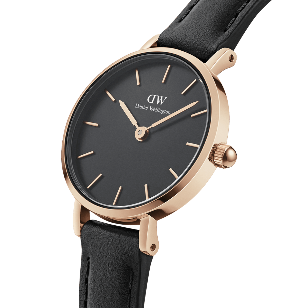 Petite Pressed Sheffield Black Rose Gold watch featuring a slim rose gold case, minimalist black dial, and a genuine black leather strap.