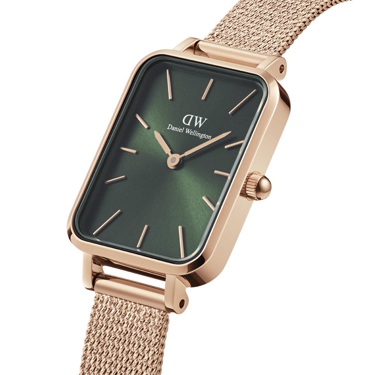Daniel Wellington Quadro Pressed Melrose Emerald watch with emerald green sunray dial and rose gold mesh strap, square case.