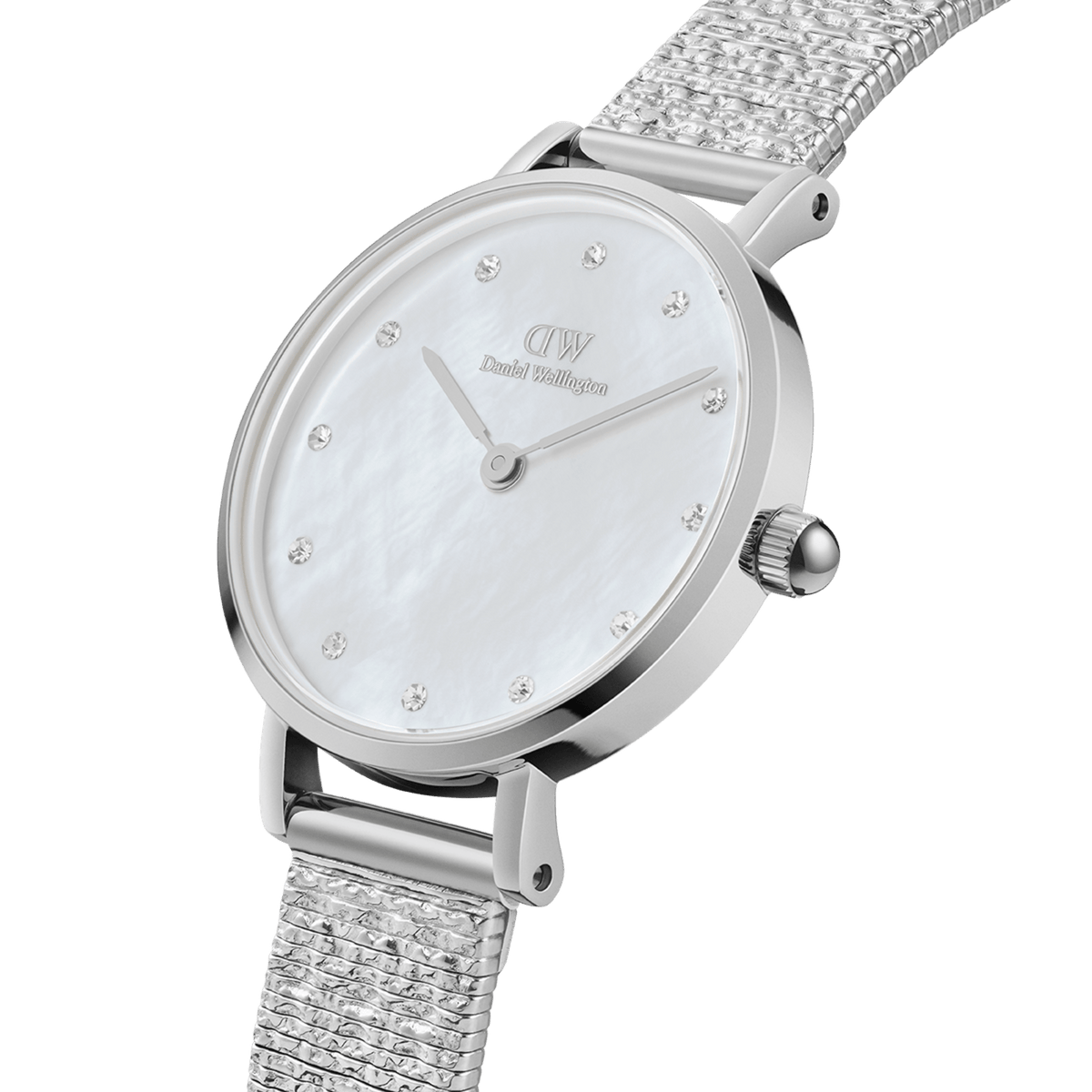 Petite Lumine Pressed Piano Silver watch with mother of pearl dial, crystal hour markers, and textured stainless steel strap.