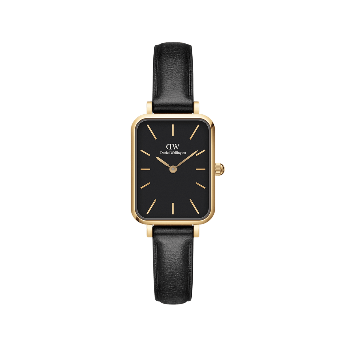 Rectangular gold women’s watch with a black dial, minimalist gold hour markers and hands, and a black leather strap.