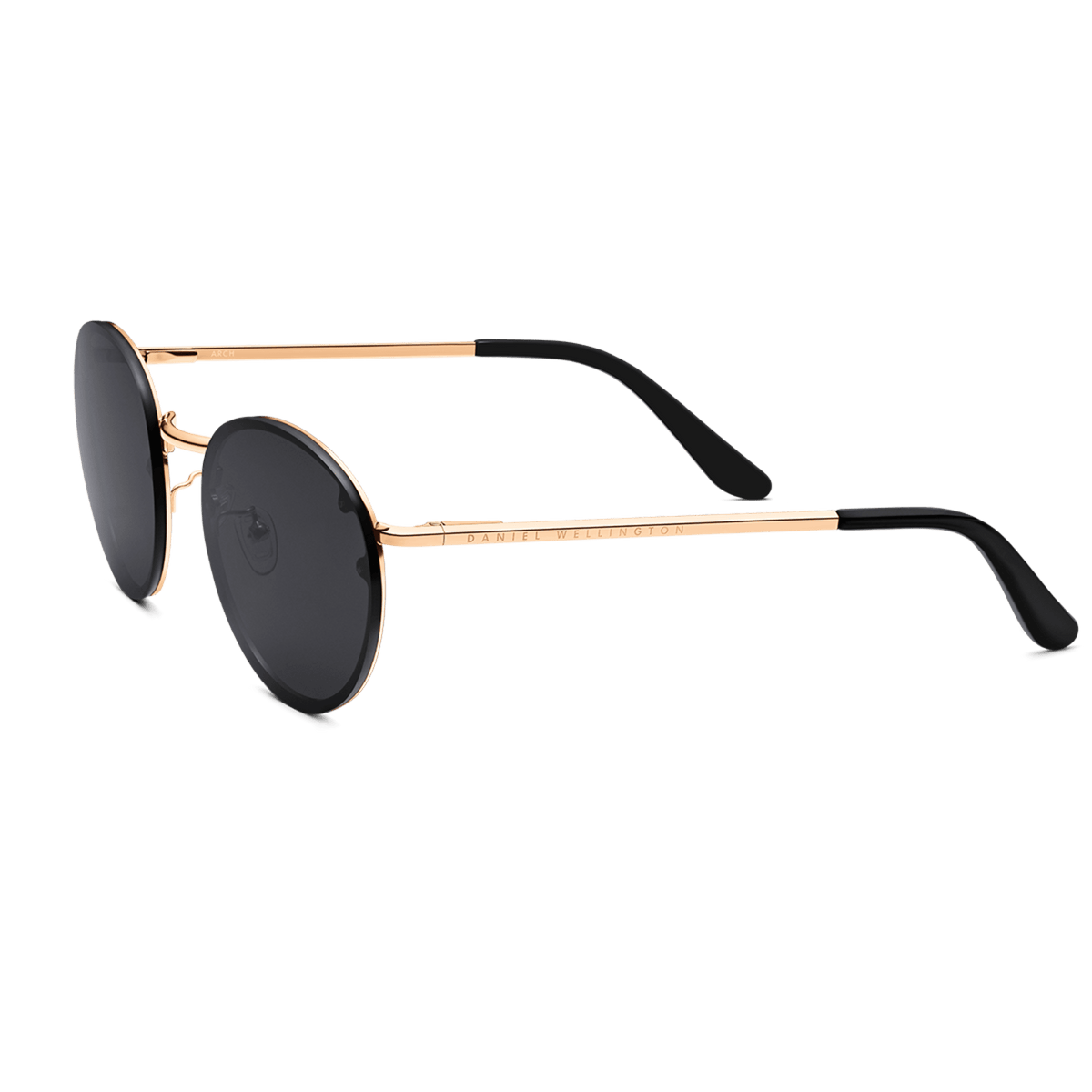 Sleek Arch Steel Black sunglasses with round black nylon lenses, a rose gold-plated stainless steel frame, and black acetate temple tips.