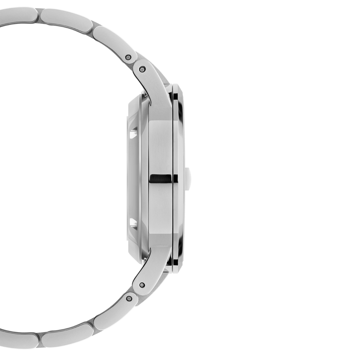 Side profile of the Iconic Link Automatic men’s watch showing the slim stainless steel case and polished silver link bracelet.