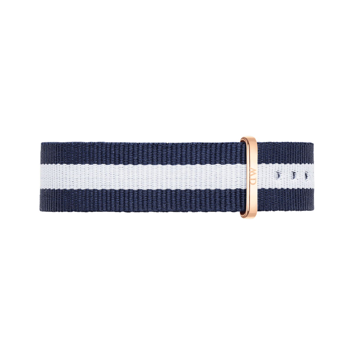 Navy and white striped NATO watch strap with a rose gold buckle, designed for the Classic Glasgow Rose Gold Daniel Wellington watch.