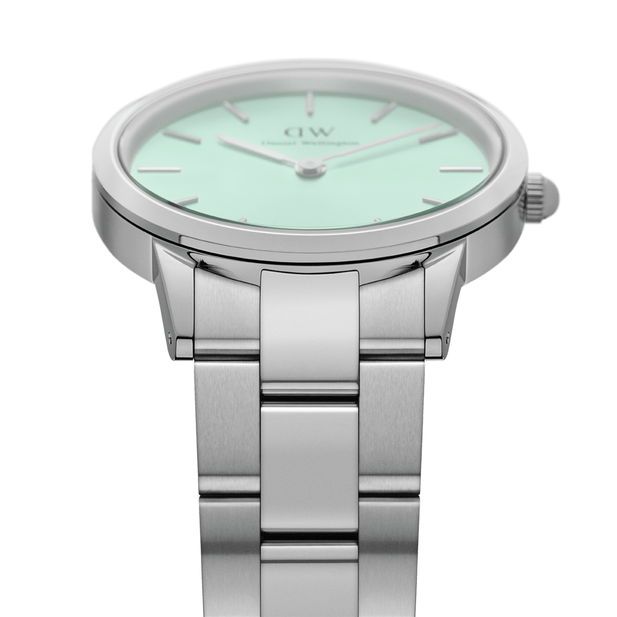 Daniel Wellington Iconic Link Mint Silver watch featuring a mint green dial and brushed stainless steel bracelet, close-up view.