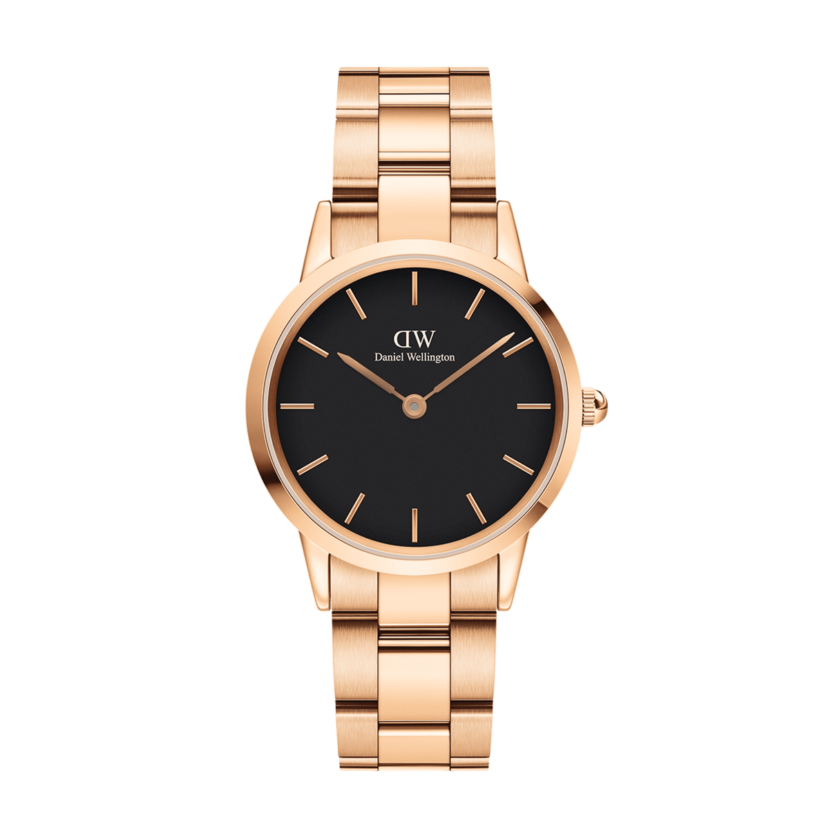 Daniel Wellington Iconic Link Rose Gold watch with black dial and rose gold stainless steel bracelet, classic minimalist style.