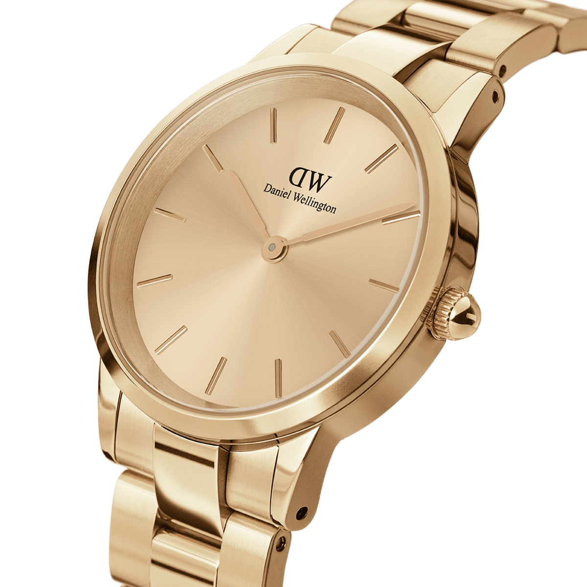 Close-up of Daniel Wellington Iconic Link Unitone G women’s gold watch with minimalist gold dial and polished link bracelet.