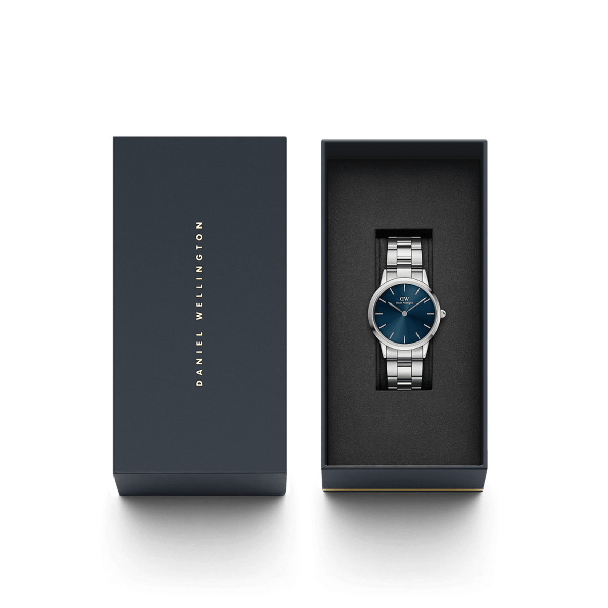 Daniel Wellington Iconic Link Arctic watch with a silver stainless steel bracelet and blue sunray dial, presented in a signature branded gift box.