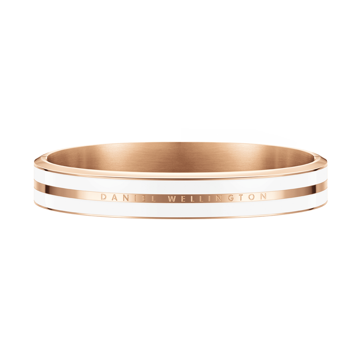 Satin white enamel and rose gold bangle with Daniel Wellington engraving, featuring a sleek, modern design and polished finish.