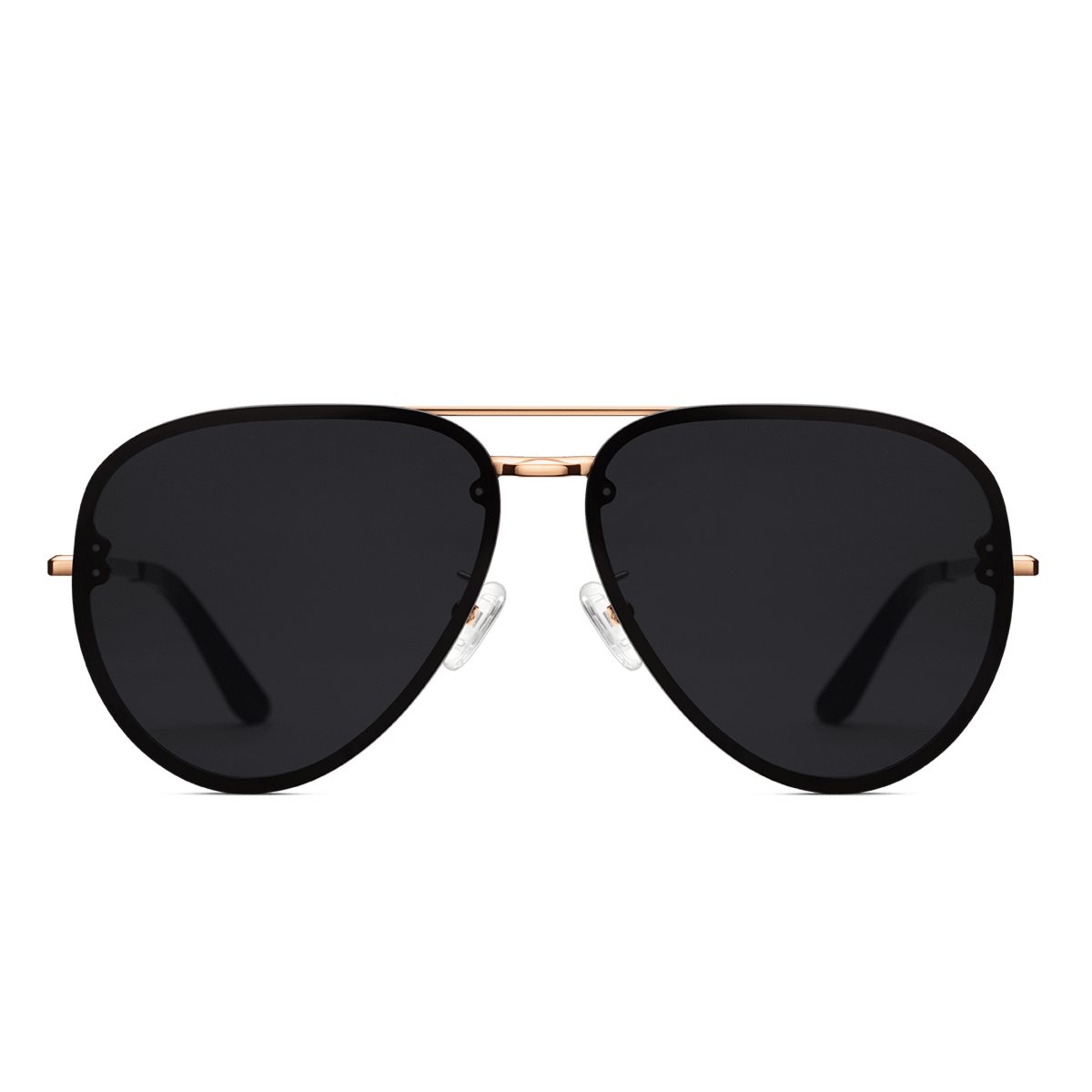Aviator-style sunglasses with a slim rose gold stainless steel frame and deep black lenses, featuring adjustable nose pads and acetate temple tips.
