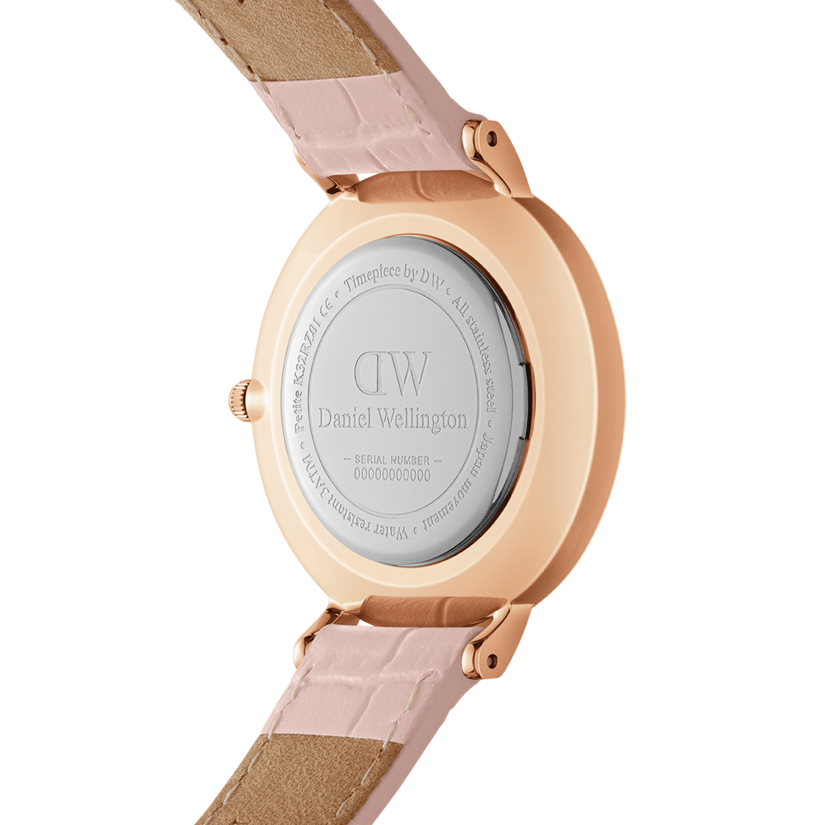 Back view of Petite Rouge Rose Gold women’s watch showing engraved case and nude pink croc-pattern leather strap.
