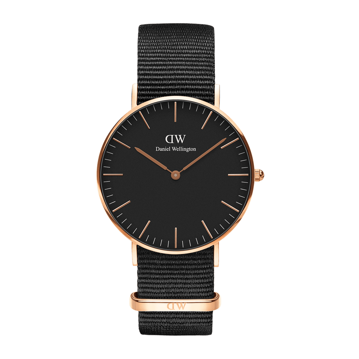 Minimalist Classic Cornwall Black Rose Gold watch with a black dial, rose gold case, and a black NATO fabric strap.