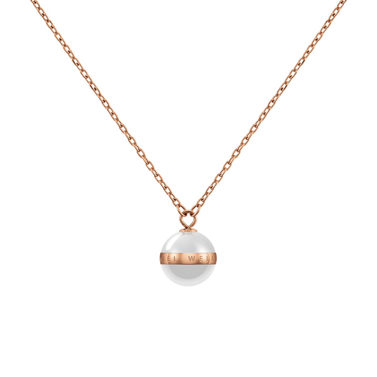 Rose gold necklace featuring an adjustable chain and a satin white ceramic sphere pendant with a rose gold-plated band engraved with the Daniel Wellington logo.