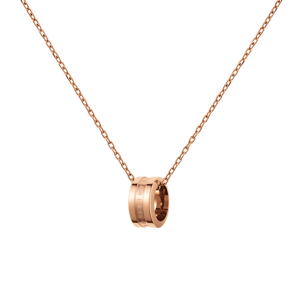 Rose gold necklace featuring a polished ring pendant with engraved detailing, suspended from a delicate adjustable chain.