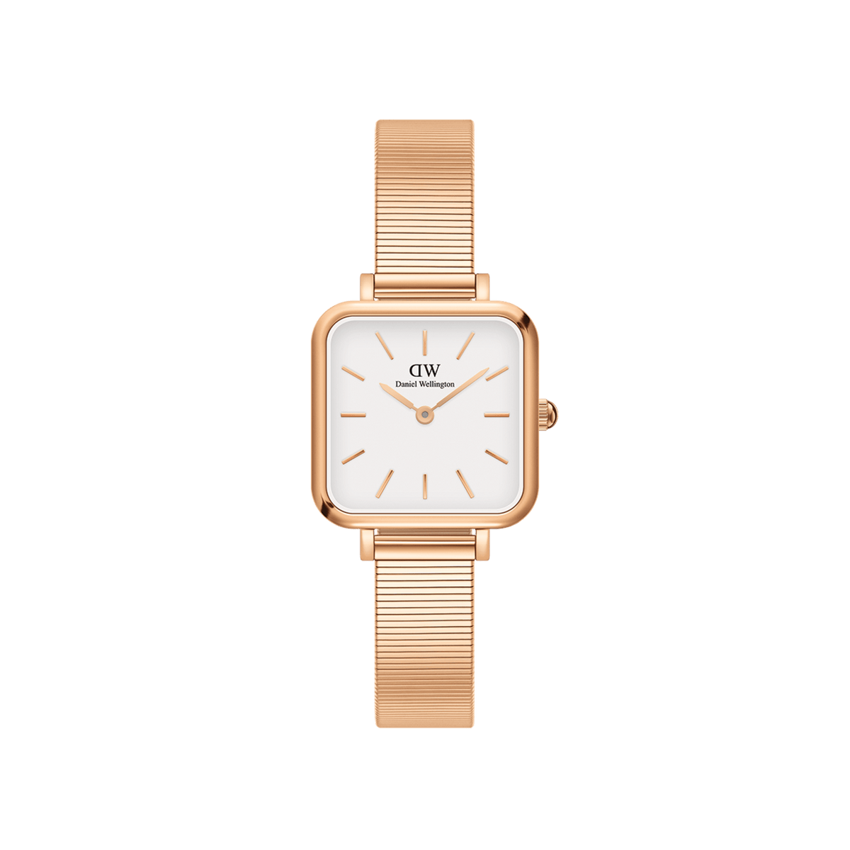 Petite square-faced women’s watch in rose gold with an eggshell white dial and a polished piano link strap.