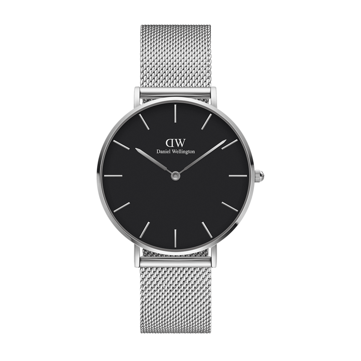 Petite Sterling women’s silver mesh watch with black minimalist dial, slender markers, and polished stainless steel case.
