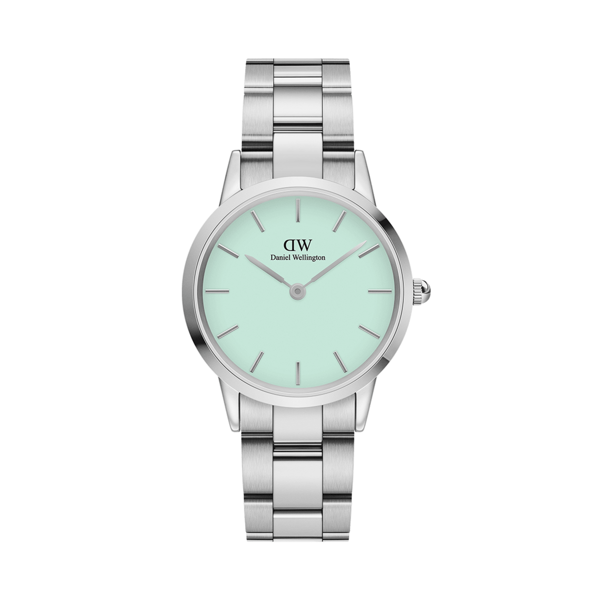 Daniel Wellington Iconic Link Mint Silver women’s watch with mint green dial and stainless steel link strap, front view.
