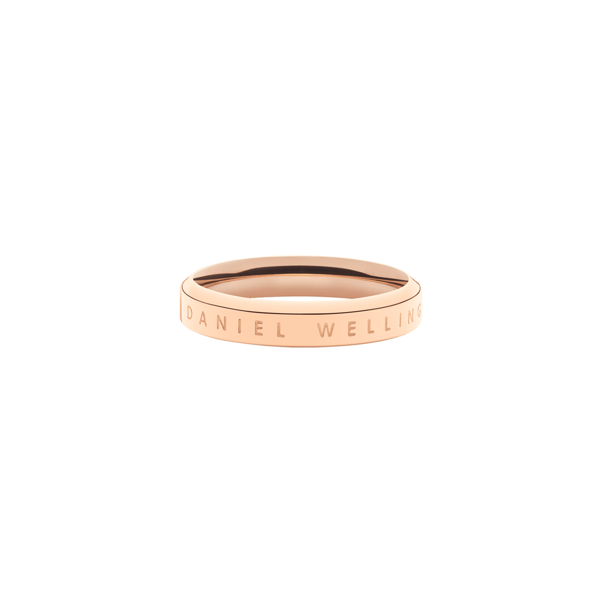 Classic Ring Rose Gold by Daniel Wellington featuring a slim, polished rose gold band with subtle engraved branding along the outer edge.