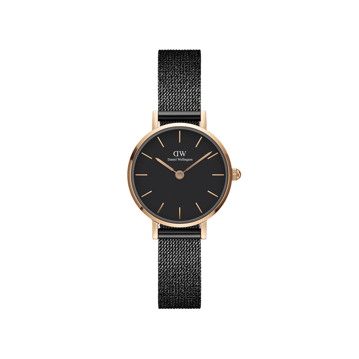 Petite Pressed Ashfield watch featuring a slim rose gold case, minimalist black dial, and an elegant black pressed mesh stainless steel strap.