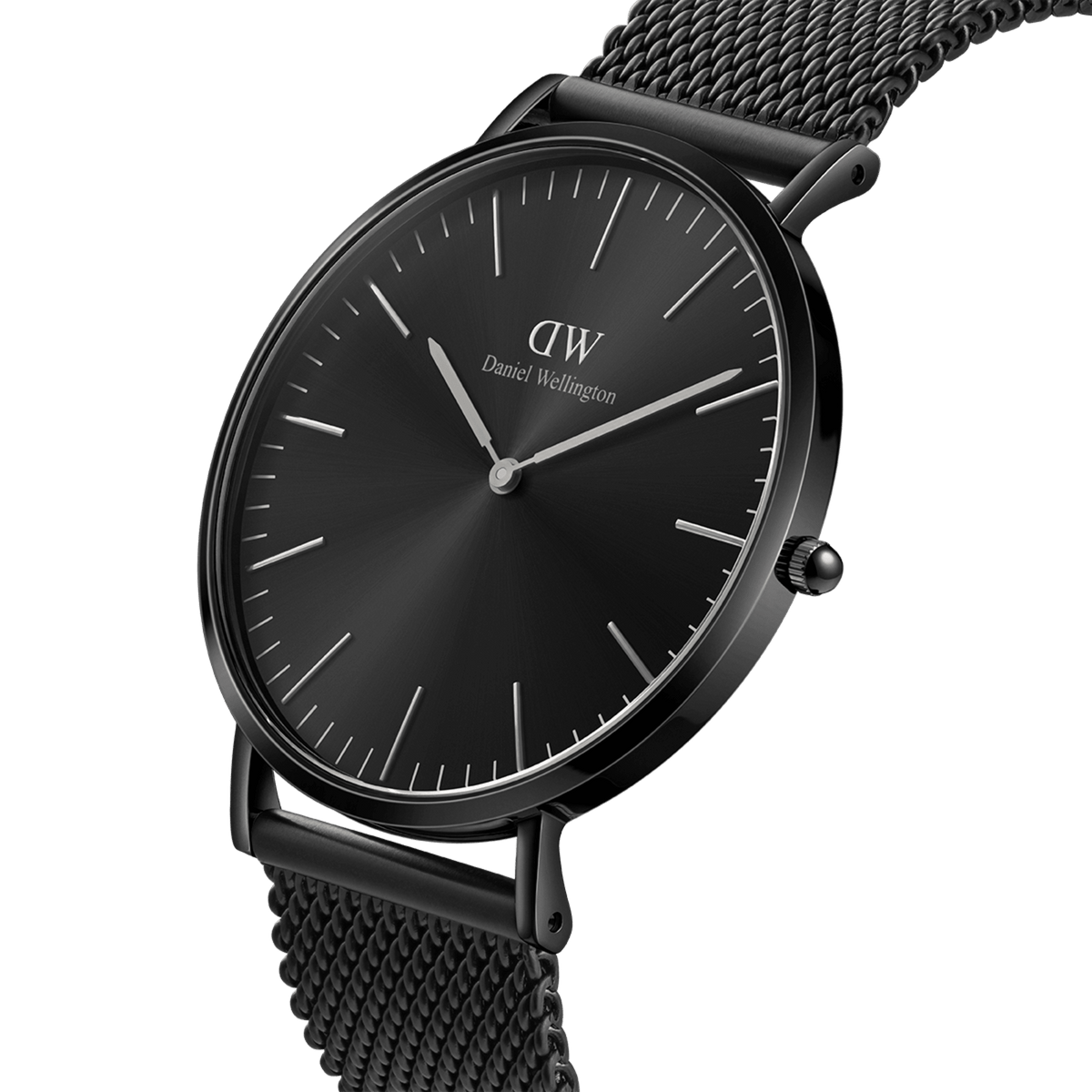 Classic Mesh Onyx Black watch with a sleek black sunray dial, minimalist hour markers, and a polished black stainless steel mesh bracelet.