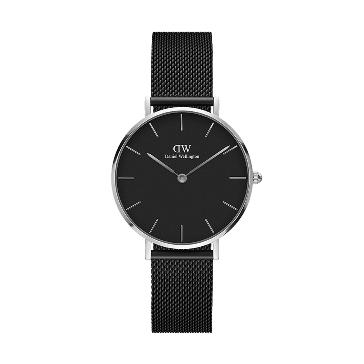 Daniel Wellington Petite Ashfield Silver women’s watch with black mesh strap, minimalist black dial, and silver case.