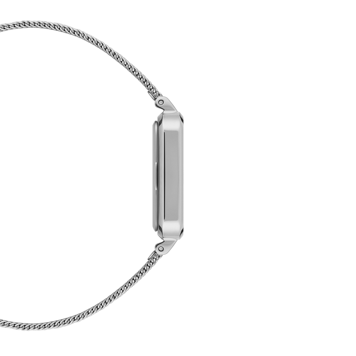 Slim side profile of Quadro Pressed Unitone Silver ladies watch with polished rectangular case and silver mesh strap.