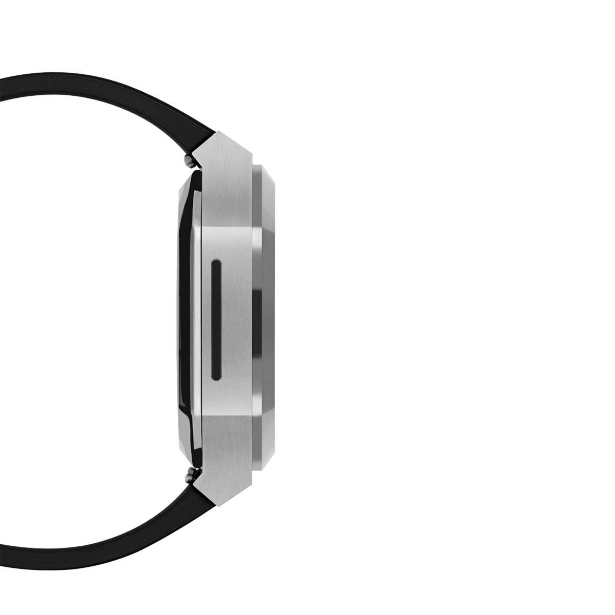 Side profile of the Daniel Wellington Switch Silver Apple Watch case, highlighting the brushed stainless steel geometric design and slim integrated black rubber strap.