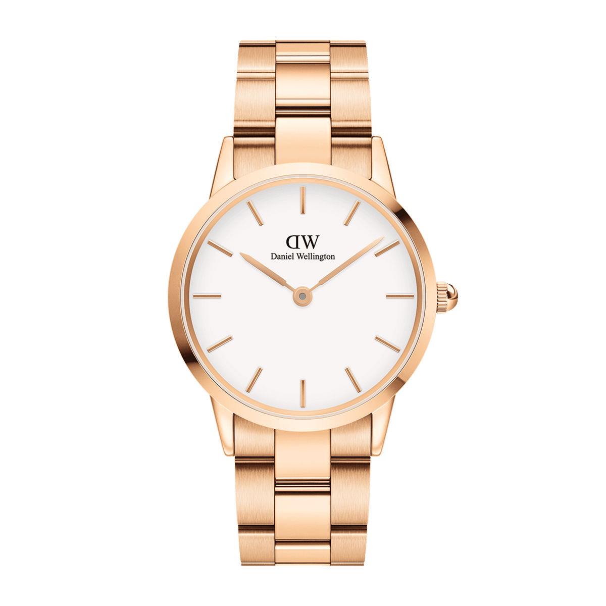 Iconic Link Rose Gold watch by Daniel Wellington with a sleek rose gold stainless steel bracelet and a minimalist white dial featuring gold hour markers.